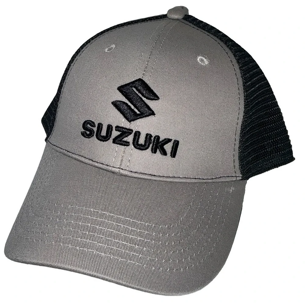 Suzuki Mesh Back Adjustable Gray Black Trucker Hat for Men Motorcycle Theme